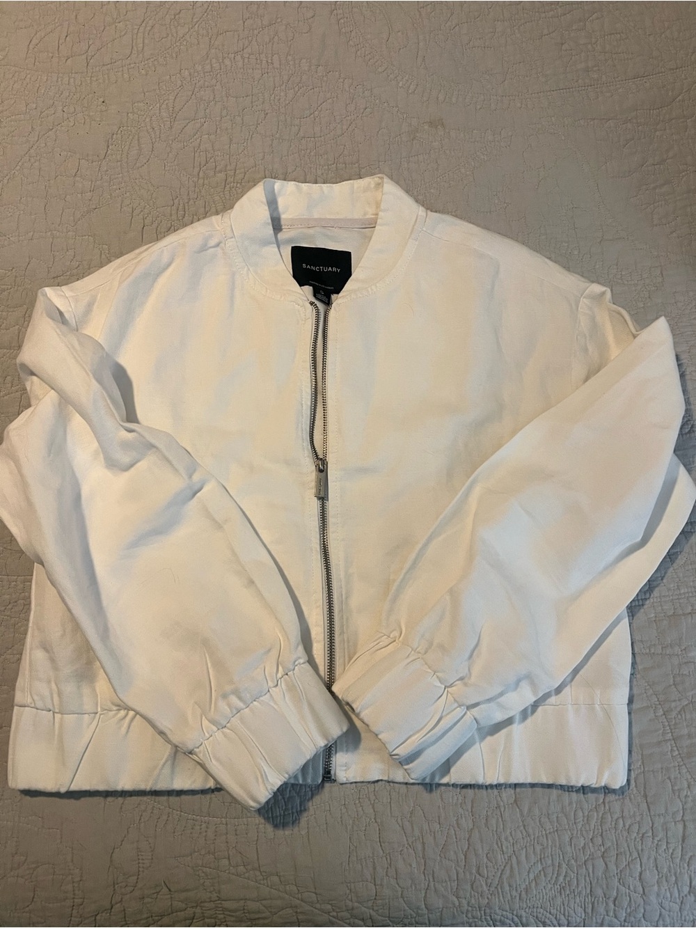 Sanctuary White Cropped Bomber Jacket with Front Zip